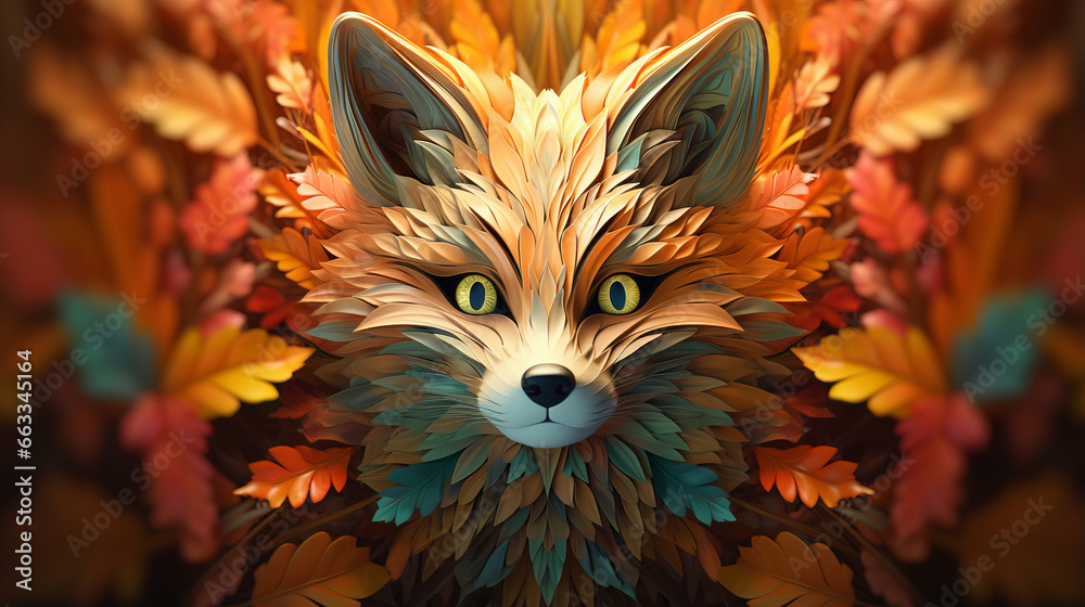 Cute whimsical fox portrait surrounded by colorful vibrant leaves of autumn forest, colorful adorable fox face as symbolic essence of autumn of the season with playful charm, autumn fauna concept