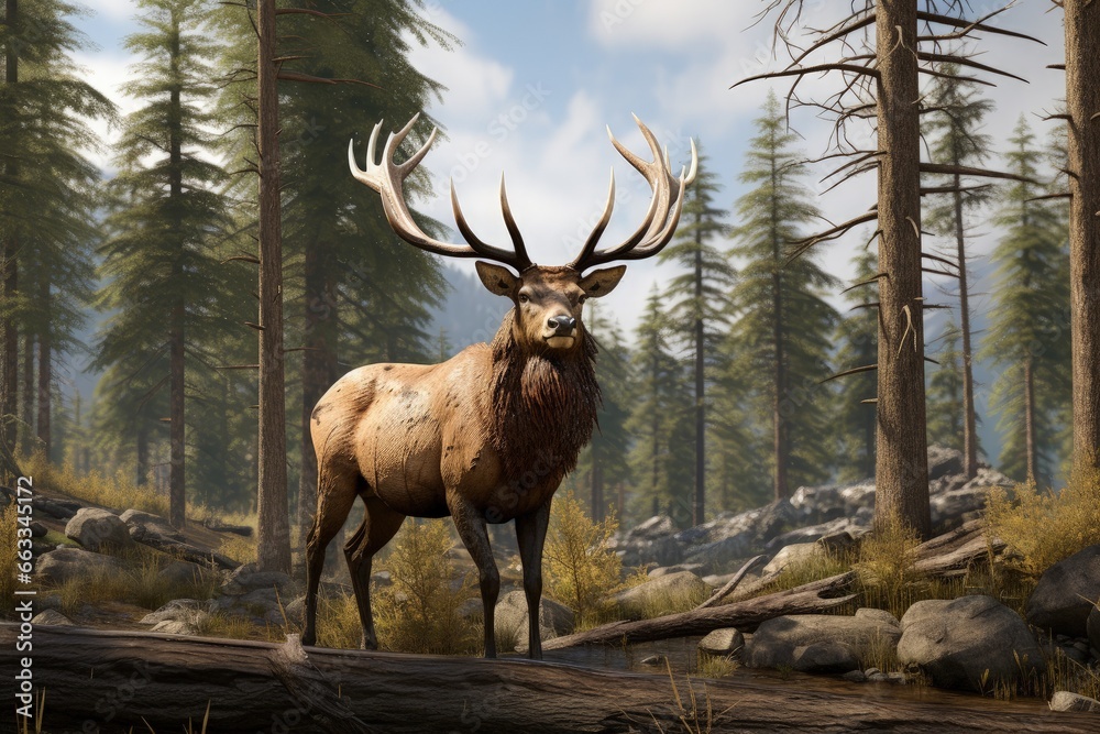 Fototapeta premium Landscape with elk standing, forest in the background. Generative AI