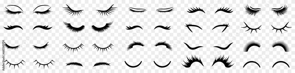 Black eyelash icon collection. Set of eyelash icons. Cartoon eyelashes. Black closed eyes girl with eyelashes icons - obrazy, fototapety, plakaty 