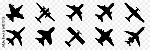 Black airplane icon collection. Set of black plane silhouette icon. Aircraft icons. Flight transport symbols