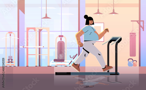 happy pregnant woman future mom running on treadmill jog training pregnancy motherhood expectation healthy lifestyle concept