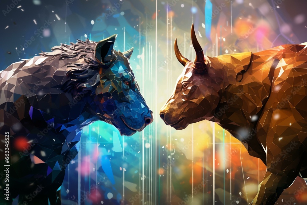 Futuristic depiction of financial markets with bull and bear. Ideal for banner backgrounds. Generative AI - obrazy, fototapety, plakaty 