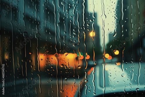 A rainy day seen through the window, city in the background. Generative AI