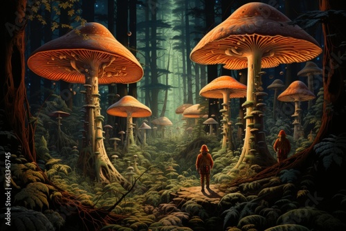 Giant talking mushrooms offering cryptic advice in dense forest groves - Generative AI