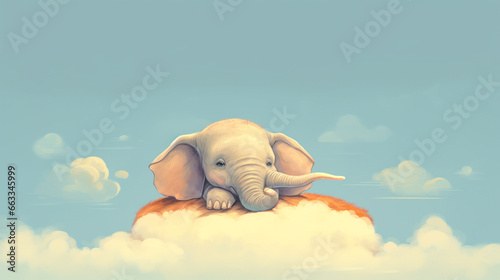 Illustration of A very cute little elephant lies on the clouds. Image of a cute, minimalist watercolor style. Generative ai