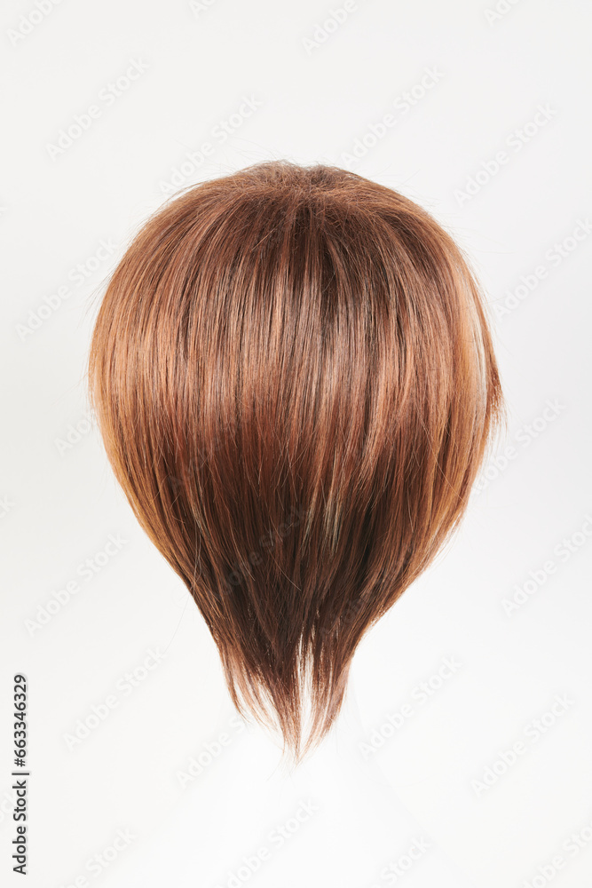 Natural looking dark brunet wig on white mannequin head. Short brown hair on the plastic wig holder isolated on white background, back view. Natural looking dark brunet wig on white mannequin head. Short brown hair on the plastic wig holder isolated on white background, back view.