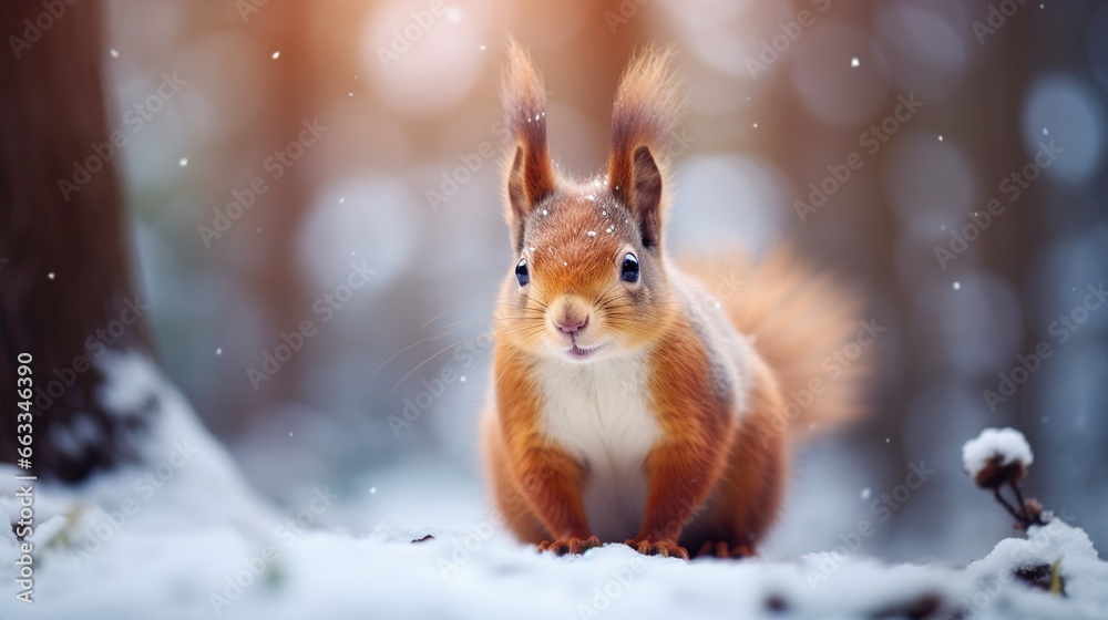 Cute red squirrel in the falling snow against the background of a pine forest. Winter time background Cute red squirrel in the falling snow against the background of a pine forest. Winter time background