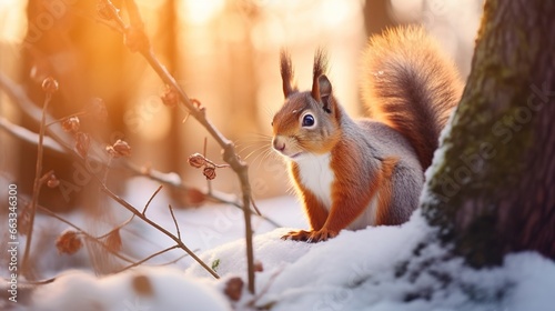 Cute red squirrel in the falling snow against the background of a pine forest. Winter time background