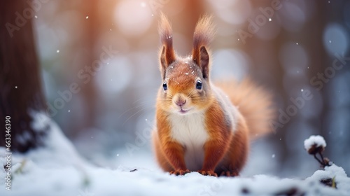 Cute red squirrel in the falling snow against the background of a pine forest. Winter time background © Irina Sharnina