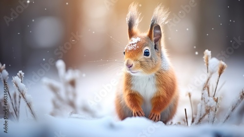 Cute red squirrel in the falling snow against the background of a pine forest. Winter time background © Irina Sharnina