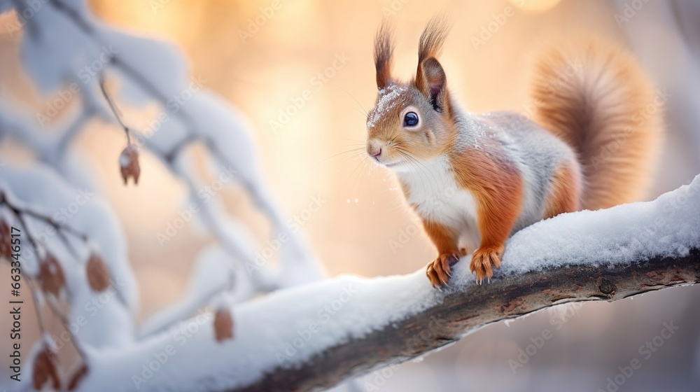 Cute red squirrel in the falling snow against the background of a pine forest. Winter time background Cute red squirrel in the falling snow against the background of a pine forest. Winter time background