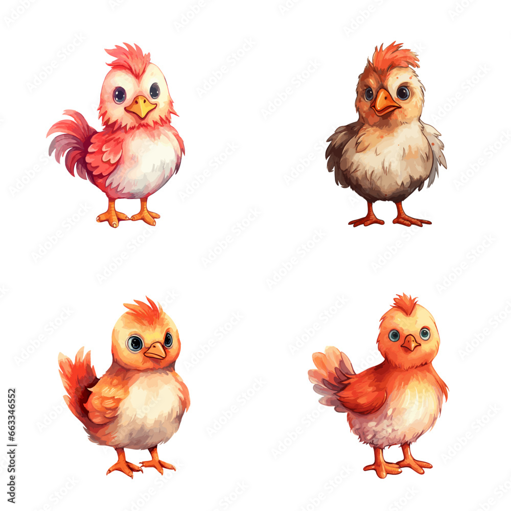 Fototapeta premium set of happy cute rooster watercolor illustrations for printing on baby clothes, pattern, sticker, postcards, print, fabric, and books