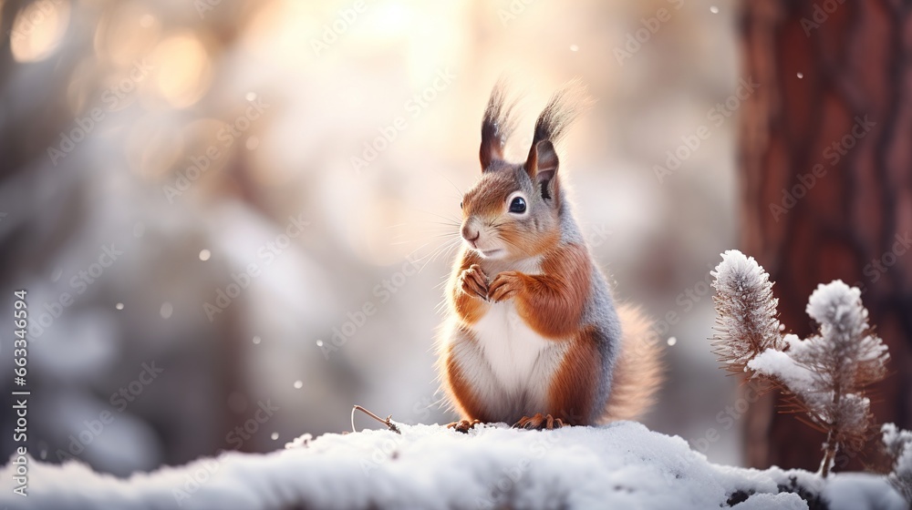 Cute red squirrel in the falling snow against the background of a pine forest. Winter time background Cute red squirrel in the falling snow against the background of a pine forest. Winter time background