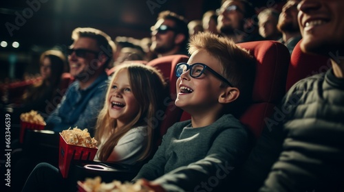 Group of cheerful people laughing while watching movie in cinema,watching an exciting movie.