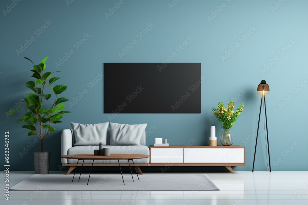 Obraz premium Aesthetic TV placement in a contemporary living room with blue wall