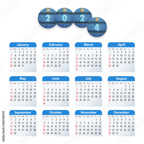 English Calendar 2024 with circle jeans tags
