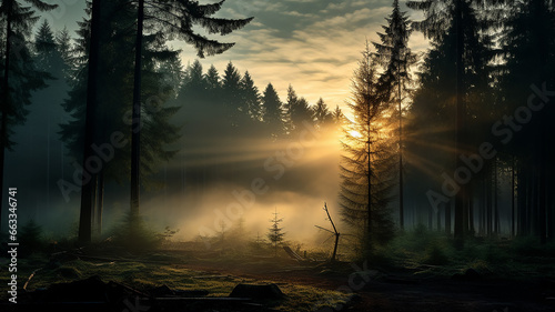 landscape morning in the autumn misty forest  the rays of sunlight at dawn shine through the fog in a panoramic view of the October park