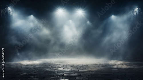 stage fog  smoke in the background light of theater spotlights on an empty stage  illuminated podium in the hall