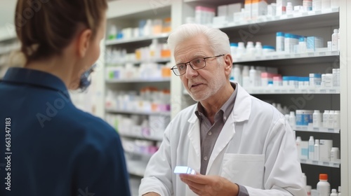 medicine,pharmaceutics,health care and people concept.professional male pharmacist giving prescription medications to customer in a pharmacy with female pharmacist in the background