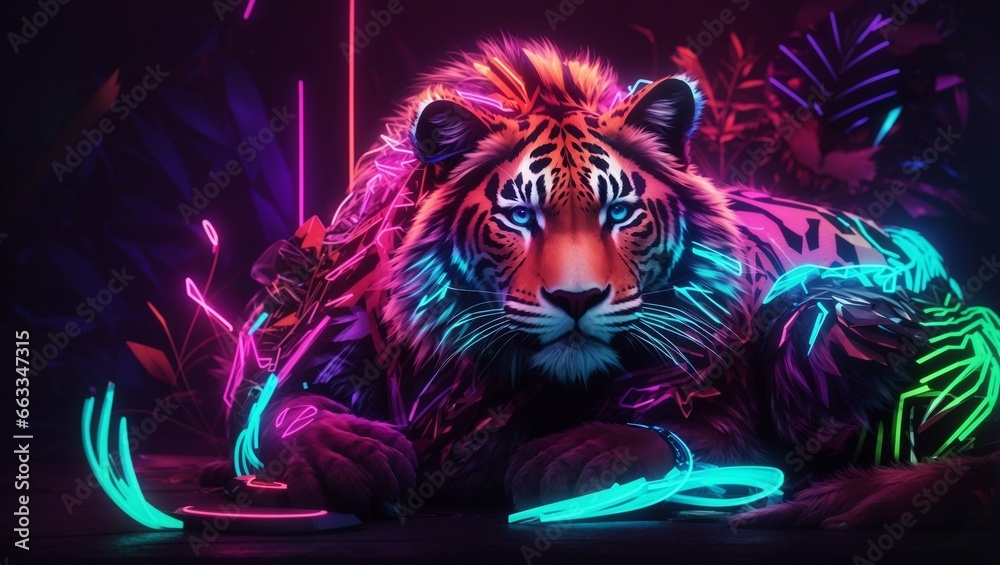 The image depicts a tiger in the dark, with its eyes and parts of its fur gleaming in neon effects, giving it a magical and mysterious appearance that adds a special allure to the picture.