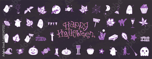 Halloween set. Dark purple texture with vector collection of elements. Halloween, 31 October.