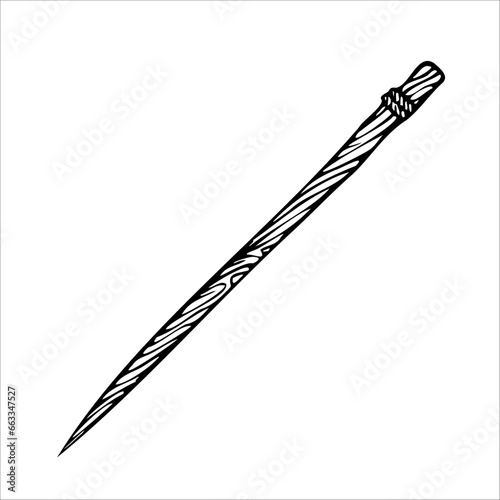 Vector, graphic, sketch of a martini glass with an olive on a spit. Toothpick. Alcoholic drinks. Isolated on white background for menu design in restaurant, cafe, product.