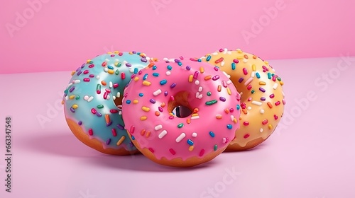  three donuts with sprinkles on a pink background.  generative ai