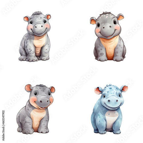 set of happy cute rhinoceros watercolor illustrations for printing on baby clothes, pattern, sticker, postcards, print, fabric, and books