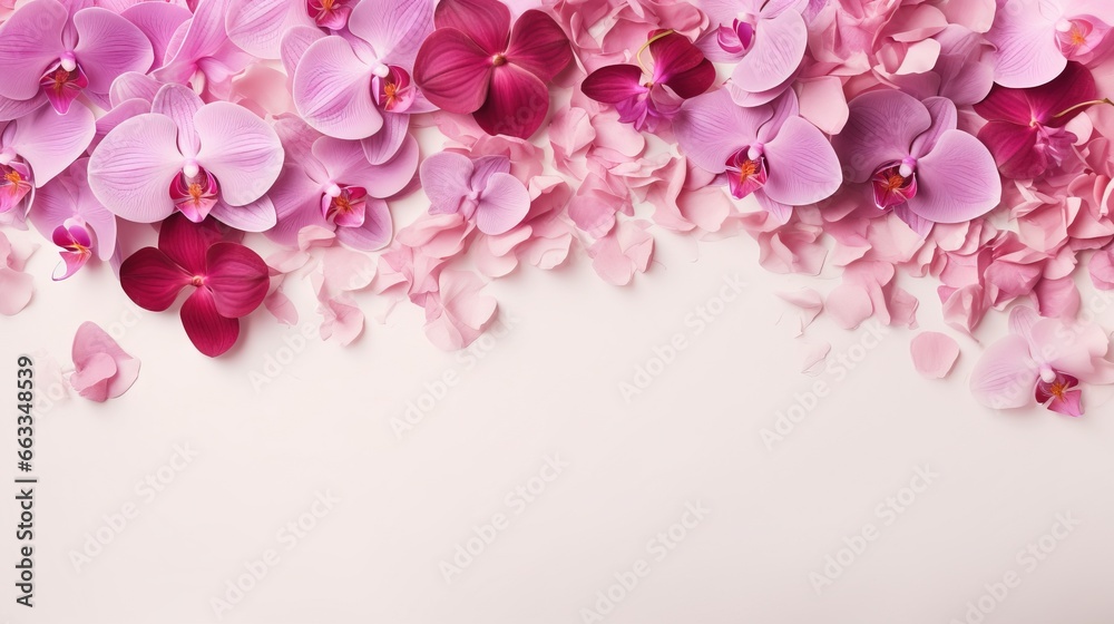  a bunch of pink flowers on a white background with space for text.  generative ai