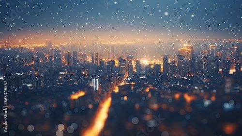 City view through a window glass on a rainy night with rain drops and bokeh light.