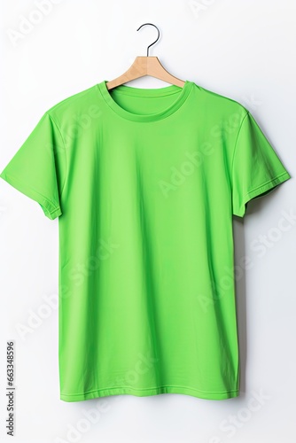 Hanger with blank light green t-shirt on light wall. Mockup for design.