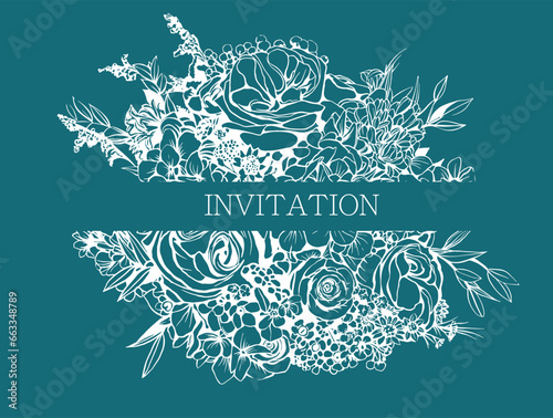 Vector linear silhouette illustration of a bouquet of different flowers