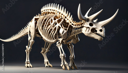 Fossil skeleton of Dinosaur three horns Triceratops ready to fight isolated on white background. Generative ai