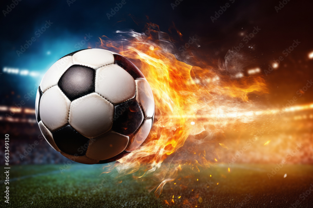 Naklejka premium The soccer player's strike transforms the ball into a fiery orb, aiming for the goal. It leads the team to victory, and the goal is realized. A concept of passion, fervor, and success.