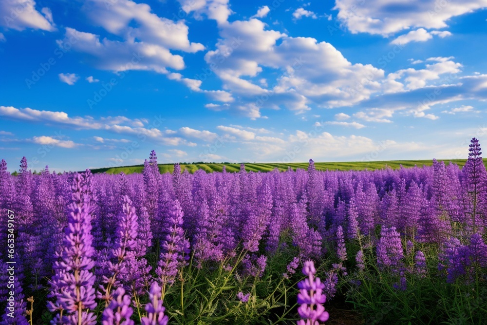 Purple flowers in green and purple field, blue sky with few clouds. Generative AI