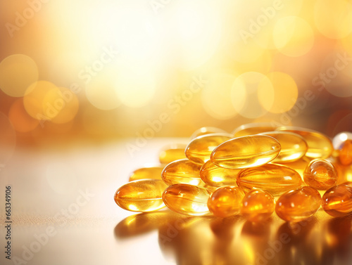 Several softgel capsules made of softgel and glass medicine bottles are placed on the table. Medical. medicine and supplements concept photo.