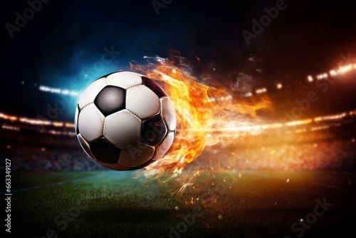 The soccer player's kick turns the ball into a fiery comet headed for the goal. It leads the team to victory, and the goal is achieved. A concept for passion, enthusiasm, success, and sports. © omune