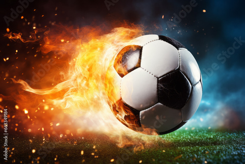 The soccer player's kick transforms the ball into a fireball headed for the goal. It leads the team to victory, and the goal is achieved. The concept for passion, enthusiasm, and success.