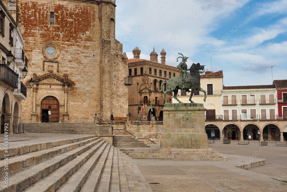 detail of the main square of trujillo with the equestrian statue of francisco pizarro