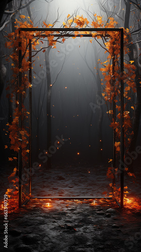 vertical narrow frame of glowing lamps outside in the atmosphere of autumn mood and Halloween, greeting form