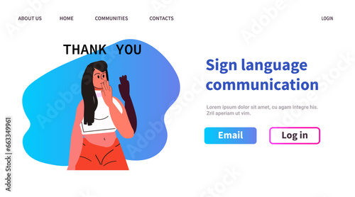woman with hearing aid disabled girl using sign language showing thank you gesture hearing disability concept horizontal