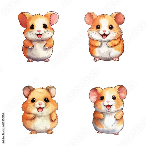 set of happy cute hamster watercolor illustrations for printing on baby clothes, pattern, sticker, postcards, print, fabric, and books