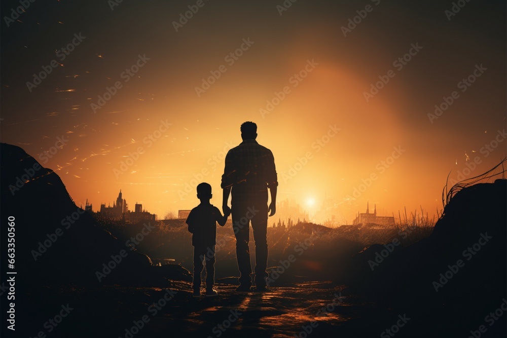 Bonding in shadow Father and son standing side by side