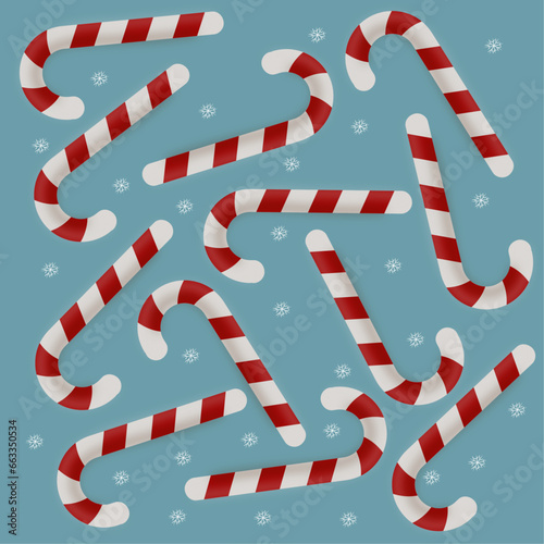 Christmas candy canes. Red and white candy canes isolated on blue background. Vector illustration