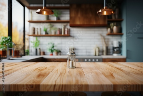 Blurred kitchen room backdrop complements the wooden tabletop in modern setting