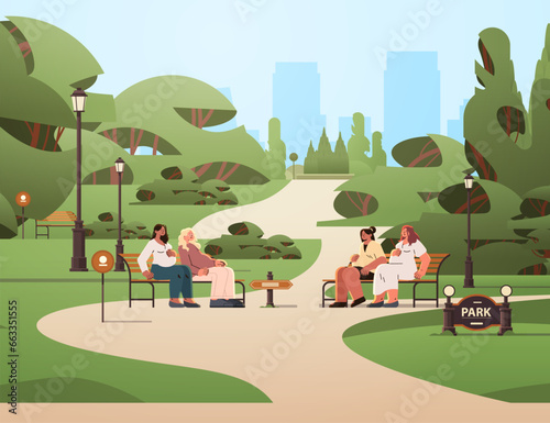 happy pregnant women future moms discussing during meeting in park pregnancy motherhood expectation concept