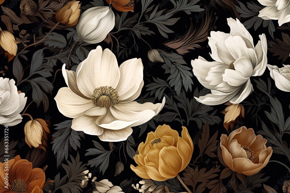 Fototapeta premium Vintage floral pattern with flowers on dark background. Botanical art in oriental style. Design for textile, interior, poster, wallpaper, print