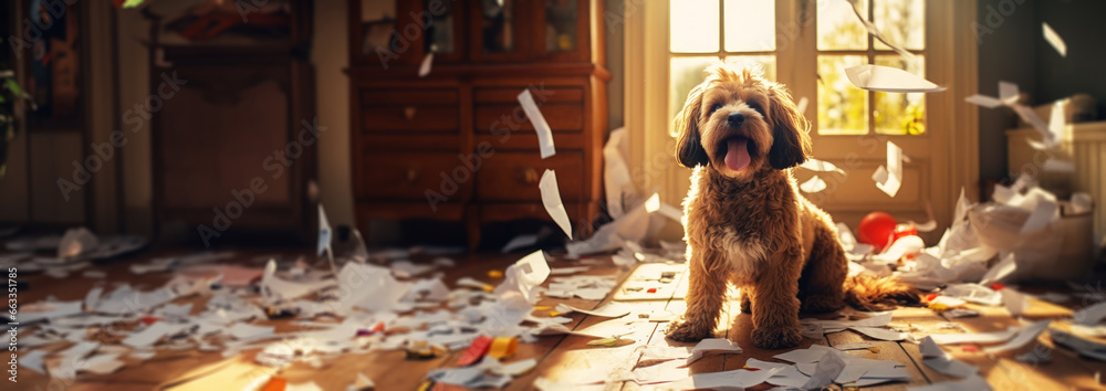 Naughty dog made a mess at home, tore up papers and documents messy floor and looking innocent into the camera. With copy space. - obrazy, fototapety, plakaty 