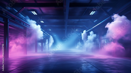 Sci Fi Futuristic Smoke Fog Neon Laser Garage Room,blue pink violet neon abstract background,ultraviolet light,night club Cyber Undergound Warehouse Concrete Reflective Studio,3D Render illustration photo