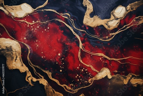 Abstract art with red and black colors, featuring marble swirls and agate ripples. Beautiful, natural background with gold glitter. Generative AI